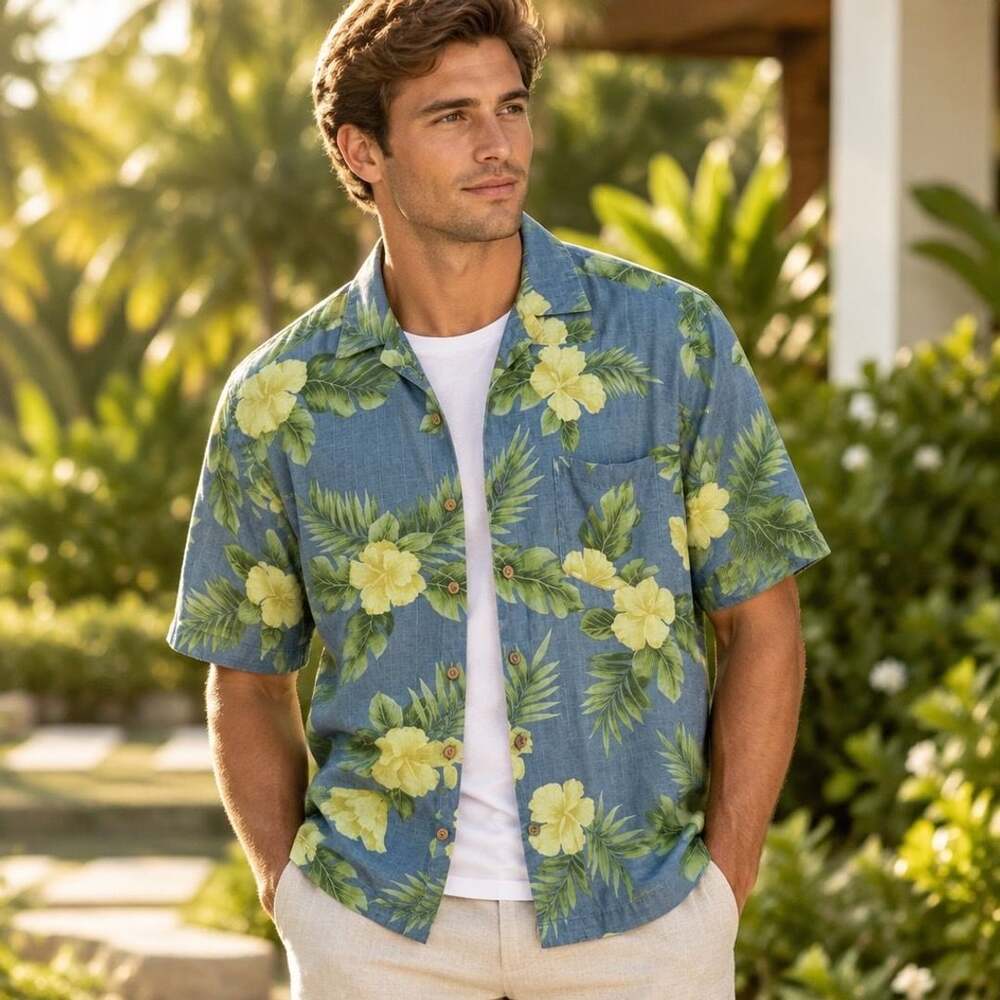 Bermuda Bay 100% Silk Hawaiian Shirt Blue Yellow Floral Silk Button Down